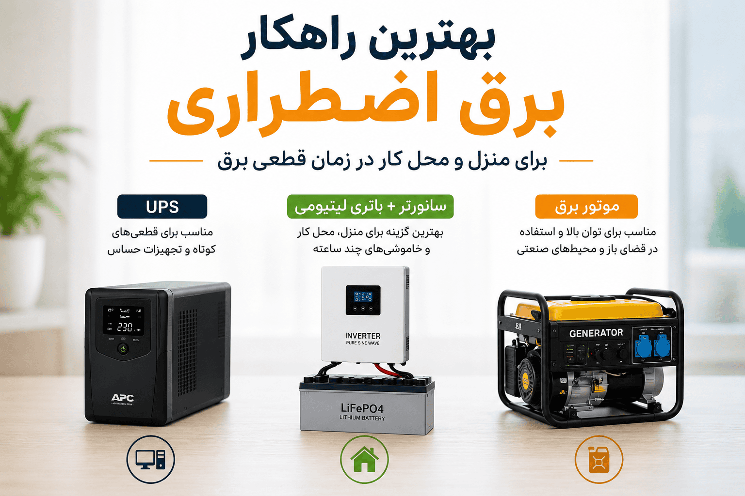 مقایسه منبع تامین برق اضطراری برای منزل و محل کار